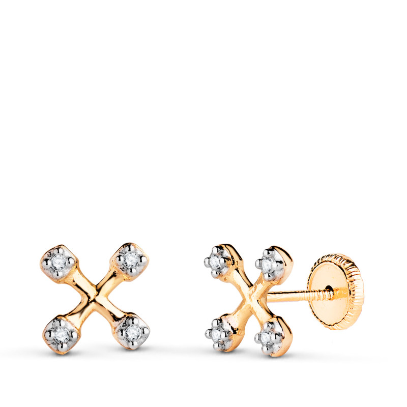 18K PENDIENTES ORO BICOLOR CRUZ CON CIRCONITAS. MEDIDA: 6,5 X 6,5 MM. CIERRE TUERCA