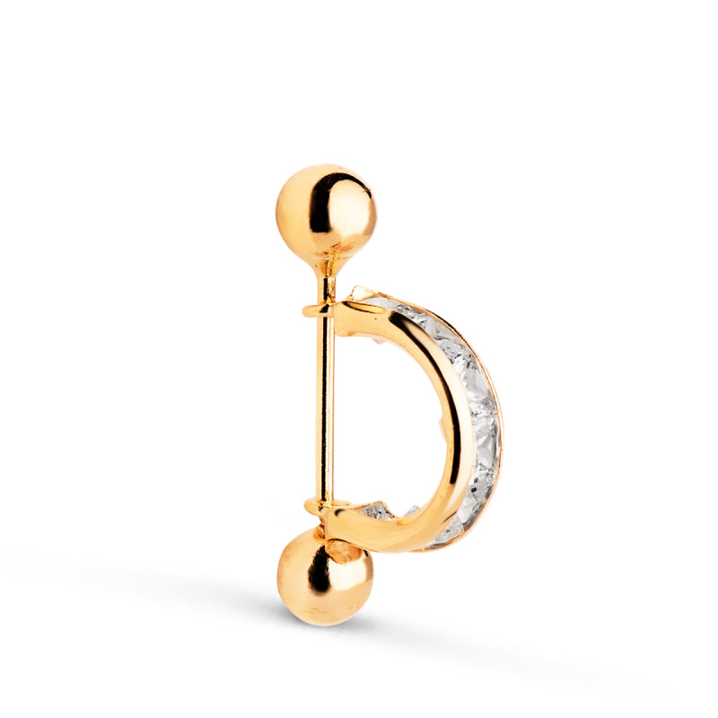 18K PIERCING DE OREJA ORO AMARILLO MEDIO ARO CON CIRCONITAS CARRE Y DOS BOLAS. ARO: 11X3MM