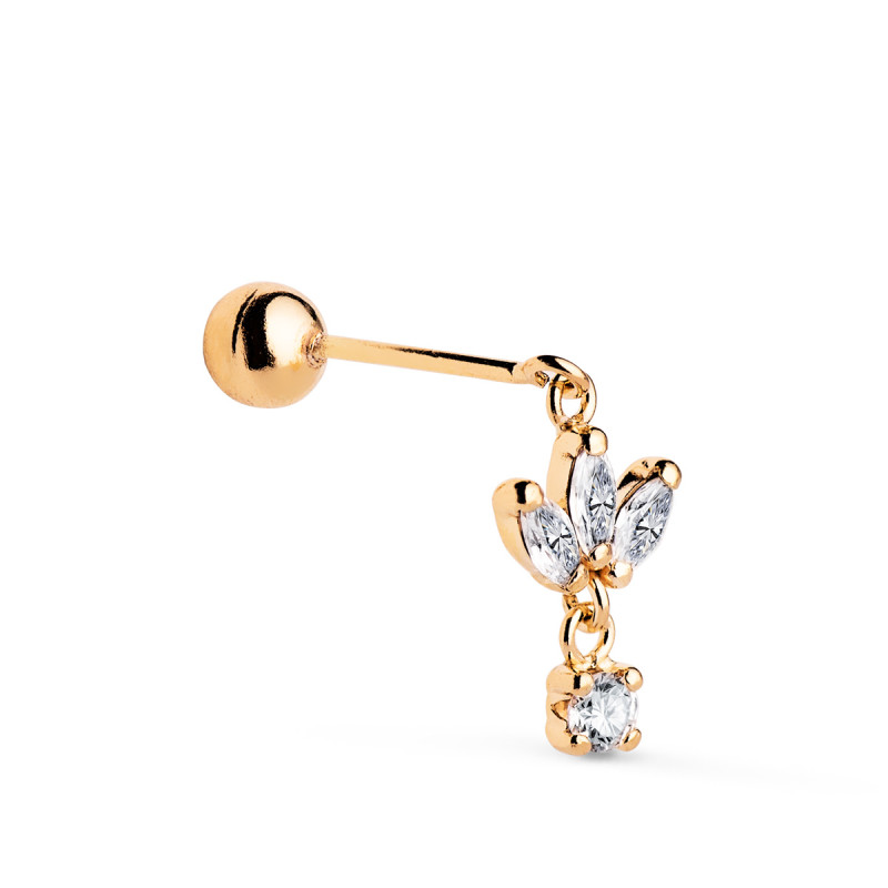 18K PIERCING DE OREJA ORO AMARILLO CON 4 CIRCONITAS. MEDIDA: 12 X 7 MM. CIERRE BOLA 4 MM