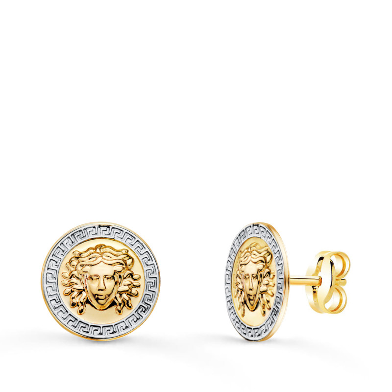 18K PENDIENTES ORO BICOLOR MEDUSA Y BORDE DE GRECA 10 MM CIERRE PRESION