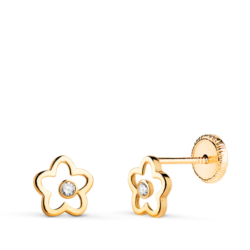18K PENDIENTES ORO AMARILLO FLOR CALADA CON CIRCONITAS. MEDIDA: 6 X 6 MM. CIERRE TUERCA