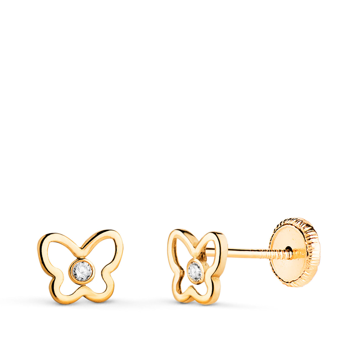 18K PENDIENTES ORO AMARILLO MARIPOSA CALADA CON CIRCONITAS. MEDIDA: 6,5 X 5 MM. CIERRE TUERCA