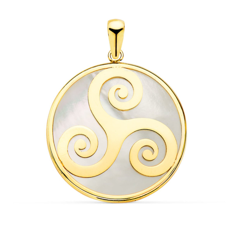 18K COLGANTE AMULETO ORO AMARILLO Y NACAR SIMBOLO CELTA TRISQUEL 20 MM