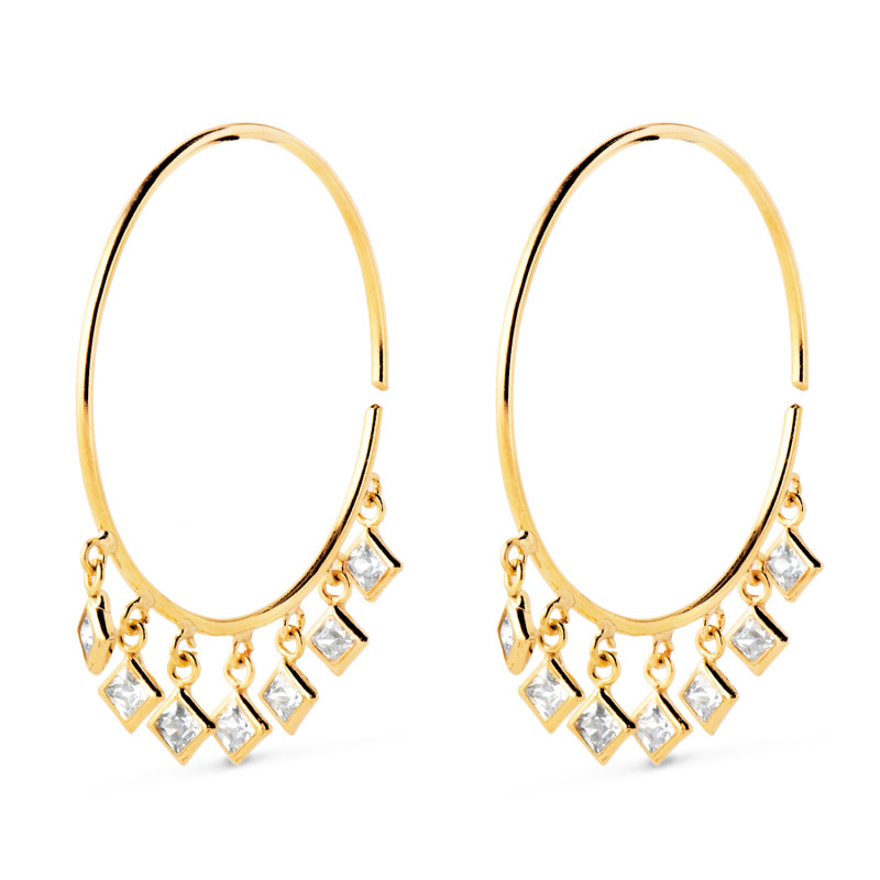 18K AROS ORO AMARILLO ABIERTOS CON HILO 0.75MM CON COLGANTES DE CIRCONITAS. ANCHO 20MM