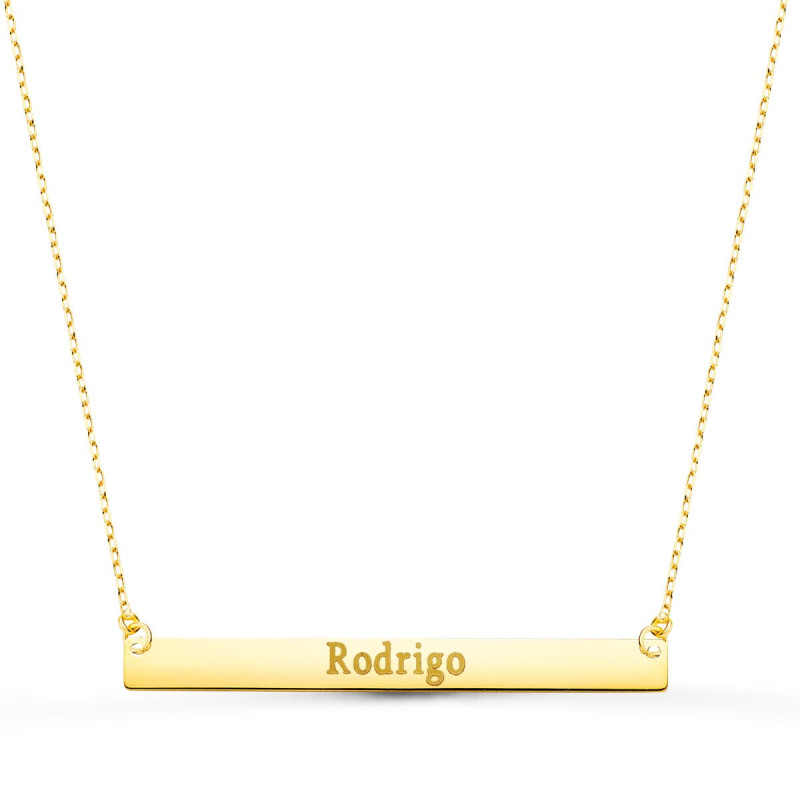 18K COLGANTE ORO AMARILLO PLACA CHAPA HORIZONTAL BRILLO 40X4 MM CADENA 44 2 CM