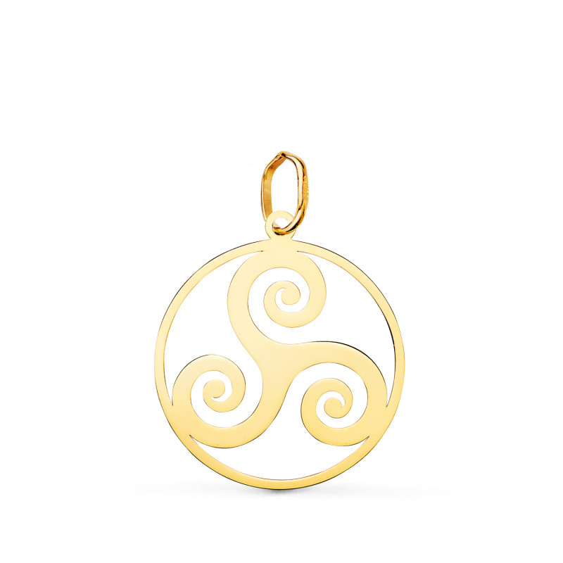 18K COLGANTE AMULETO ORO AMARILLO REDONDO TRISQUEL  EN BRILLO 20 MM