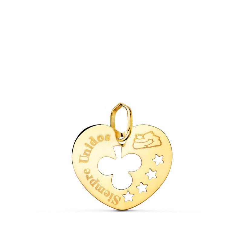 18K COLGANTE ORO AMARILLO CORAZON CALADO SIEMPRE UNIDOS Y TREBOL 16 MM C. AMOR