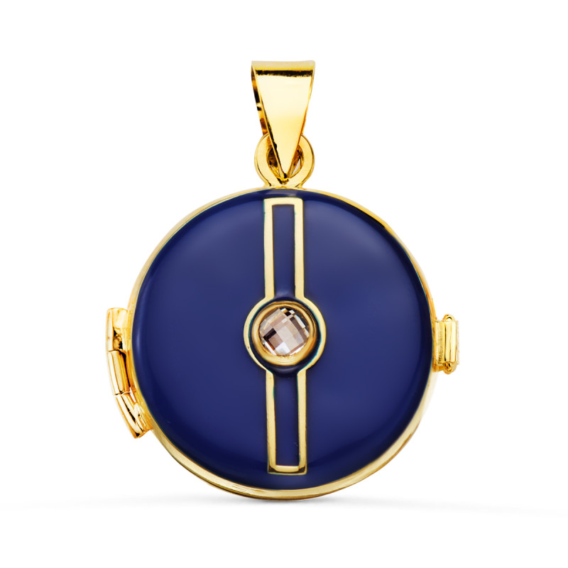 18K COLGANTE ORO AMARILLO GUARDAPELO DIJE  PORTAFOTOS REDONDO ESMALTE AZUL CIRCONITA 4MM. MEDIDA: 21 MM