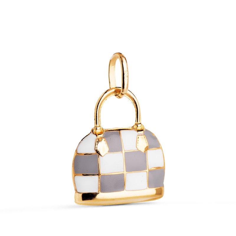 18K COLGANTE ORO AMARILLO BOLSO CON ESMALTE GRIS Y BLANCO. MEDIDA: 15 X 12,5 MM