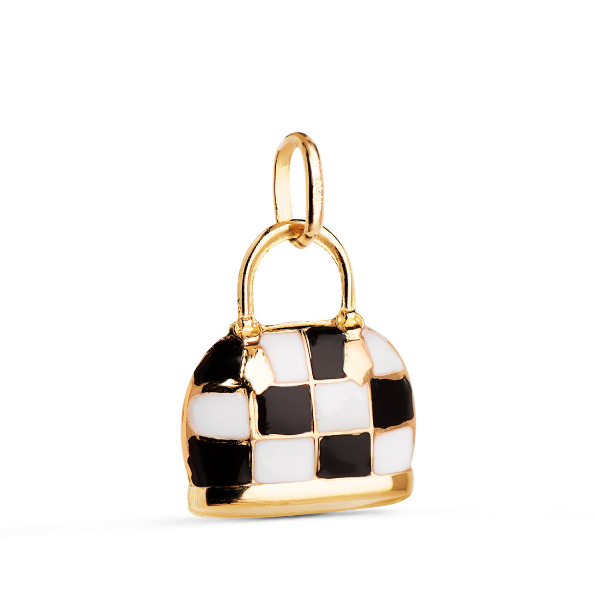 18K COLGANTE ORO AMARILLO BOLSO CON ESMALTE NEGRO Y BLANCO. MEDIDA: 15 X 12,5 MM