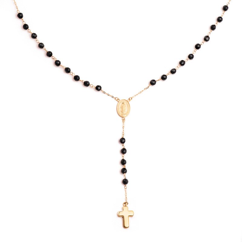 18K ROSARIO ORO AMARILLO CON BOLAS ONIX 4 MM , MILAGROSA 13X9 MM Y CRUZ BRILLO 19X12 MM. CADENA 60 CM. TRAMO: 9 CM