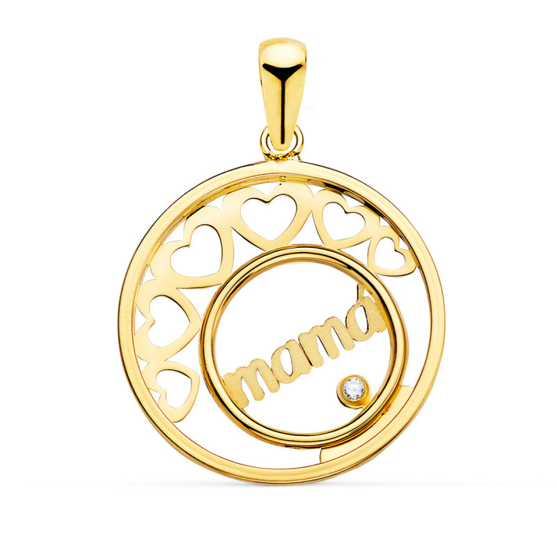 18K COLGANTE ORO AMARILLO CORAZONES Y CIRCULO CON MAMA 20 MM
