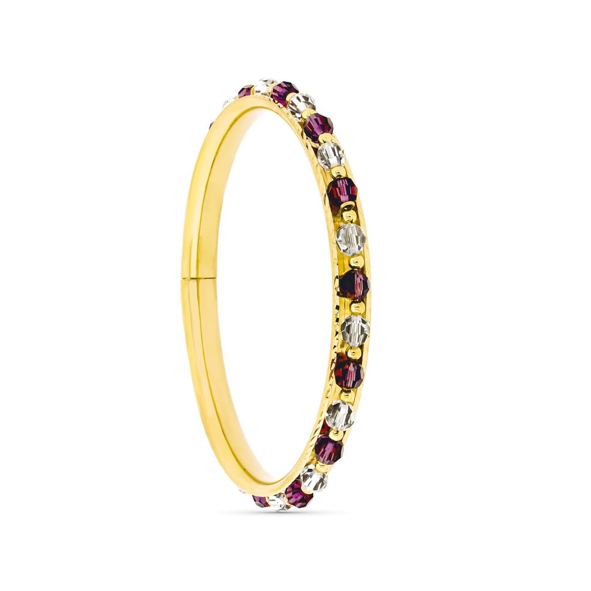 18K PULSERA ORO AMARILLO RIGIDA CON PIEDRAS ROJA Y BLANCA