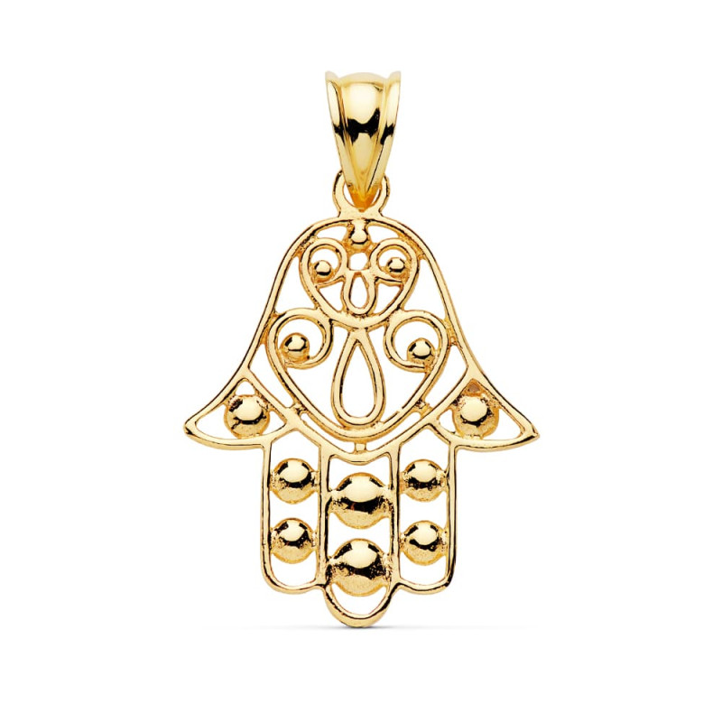 18K COLGANTE AMULETO ORO AMARILLO MANO FATIMA 27X23 MM