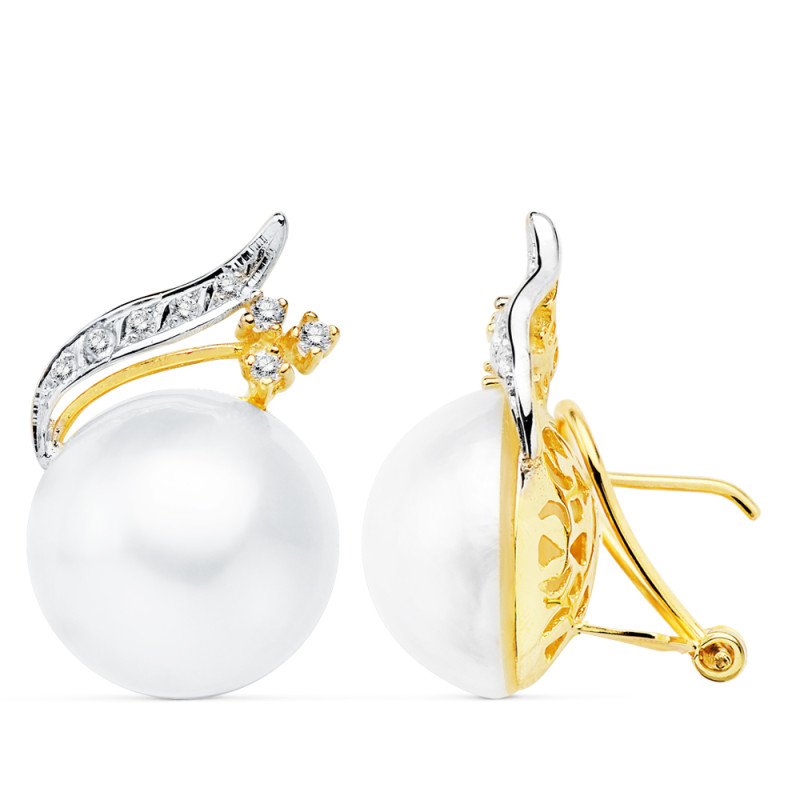 18K PENDIENTES ORO AMARILLO PERLA JAPONESAS 16 MM RAMA CIERRE OMEGA