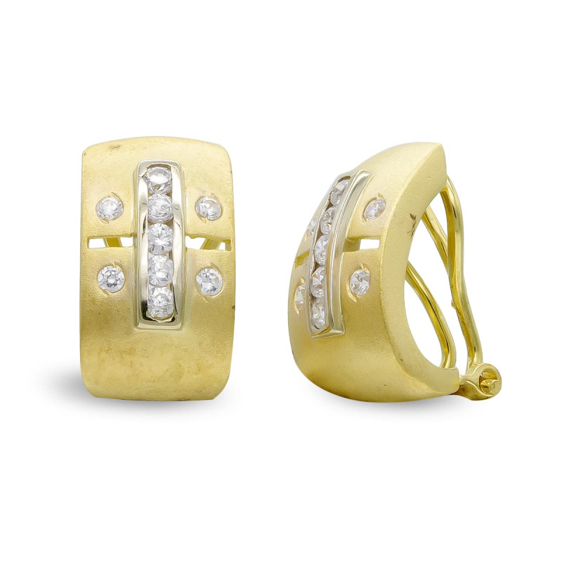 18K PENDIENTES ORO BICOLOR MATE Y BRILLO CON CIRCONITA CIERRE OMEGA