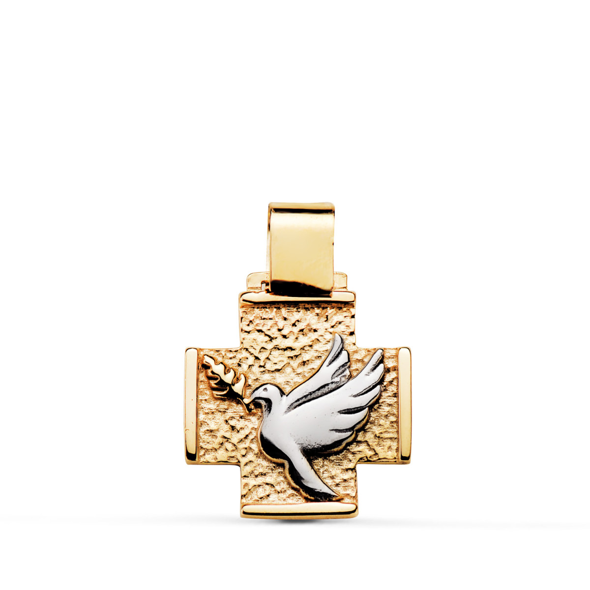 9K CRUZ ORO BICOLOR CON PALOMA Y FRASE "FRIEDE SEI MIT DIR" CON ESTRELLA. MEDIDA: 16X14 MM