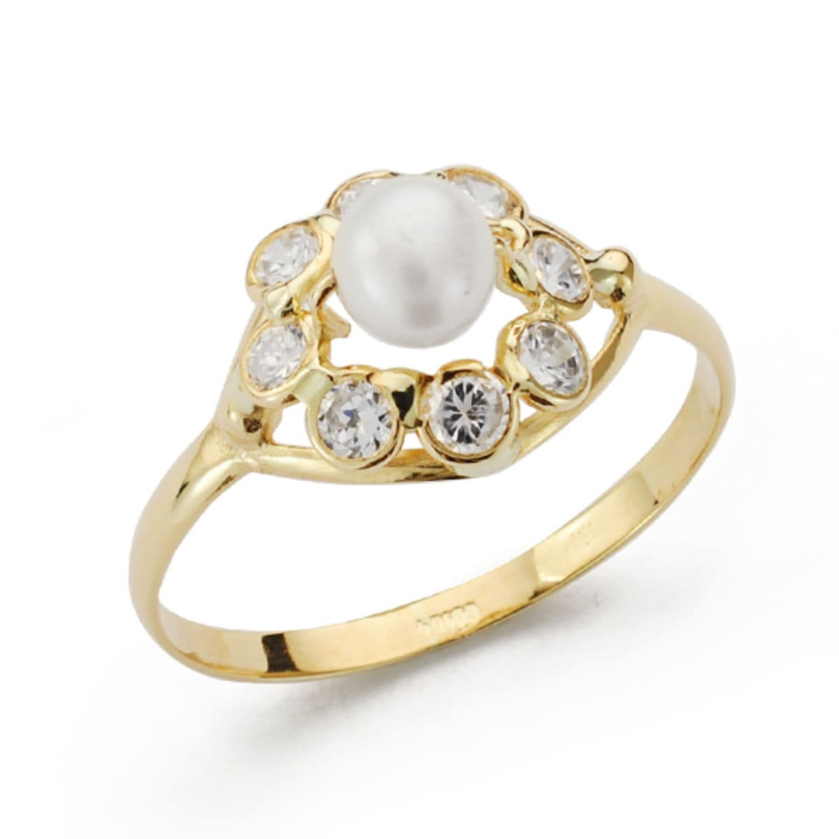 18K SORTIJA ORO AMARILLO PERLA 4MM CON CIRCONITAS. ANCHO: 10 MM
