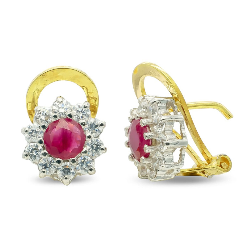 18K PENDIENTES ORO BICOLOR RUBI 5 MM CIRCONITA CIERRE OMEGA