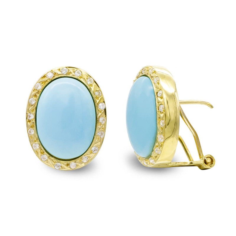 18K PENDIENTES ORO AMARILLO TURQUESA FINA 14X10 MM CIRCONITA CIERRE OMEGA