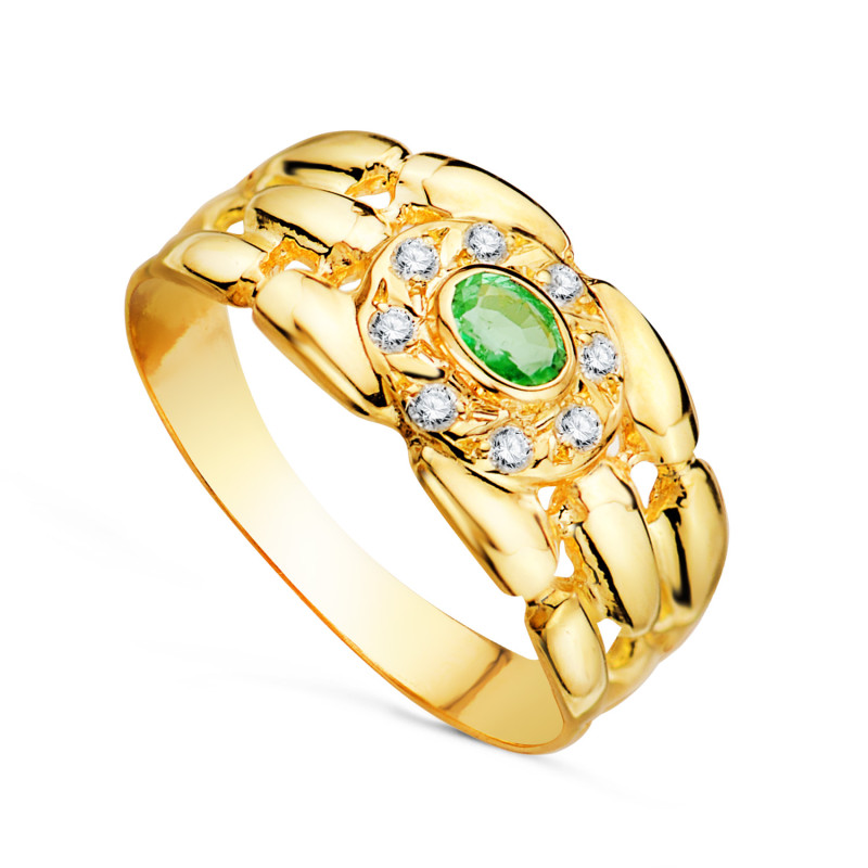 18K SORTIJA ORO AMARILLO PANTER CON CIRCONITAS Y ESMERALDA NATURAL 4X3 MM. ANCHO: 9 MM
