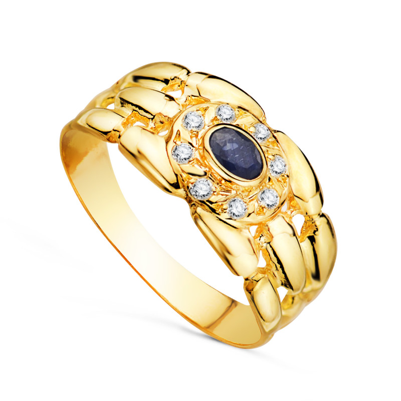 18K SORTIJA ORO AMARILLO PANTER CON CIRCONITAS Y ZAFIRO NATURAL 4X3 MM. ANCHO: 9 MM