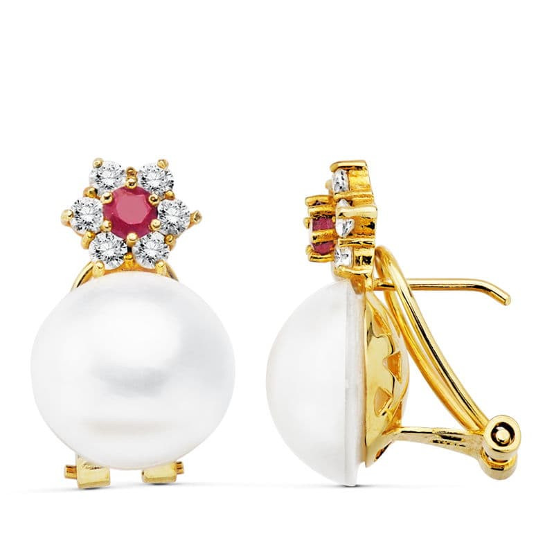 18K PENDIENTES ORO AMARILLO PERLA JAPONESA 21X13 MM CIERRE OMEGA