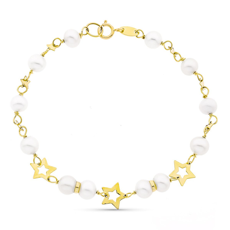 9K PULSERA ORO AMARILLO CON PERLA DE 5 MM Y ESTRELLAS CALADAS. 17CM