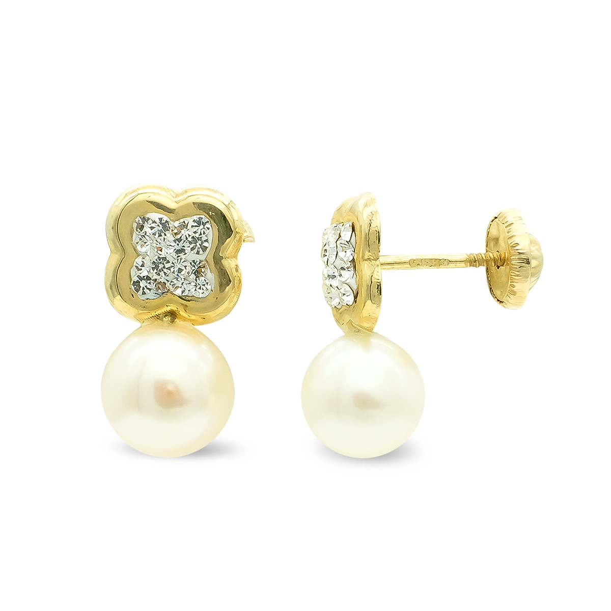 9K PENDIENTES ORO AMARILLO TU Y YO FLOR CON CIRCONITAS Y PERLA. 13X7 MM.CIERRE TUERCA