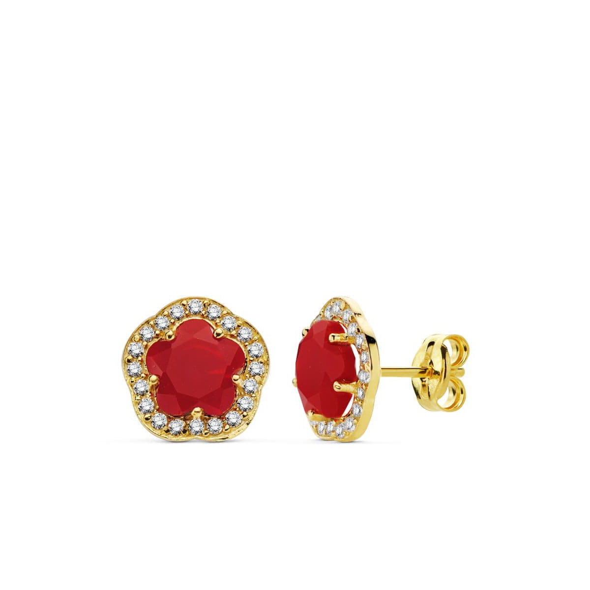 9K PENDIENTES ORO AMARILLO ESTRELLA 9 MM PIEDRA COLOR ROJO CIERRE PRESION