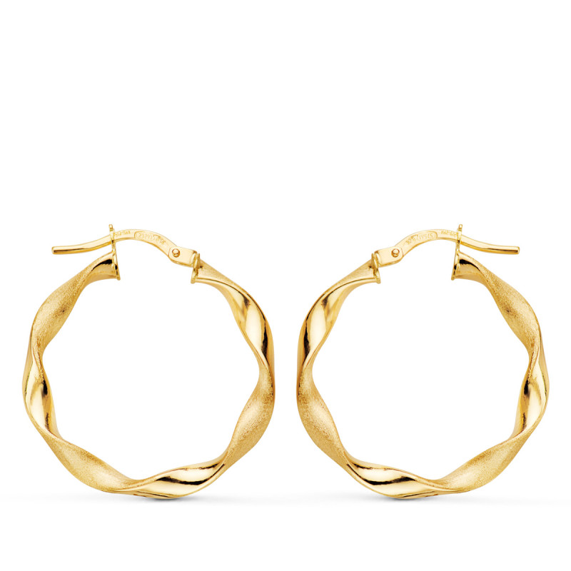 9K AROS ORO AMARILLO HUECOS RETORCIDOS MATE Y BRILLO 24X2.5 MM