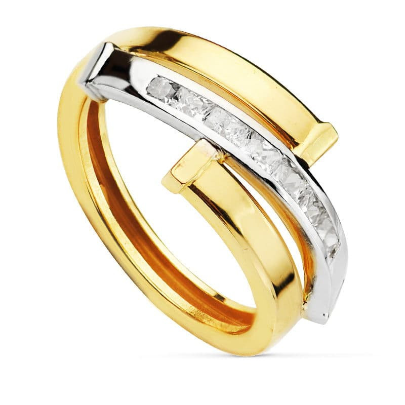 9K SORTIJA ORO BICOLOR BANDAS CON CIRCONITAS EN CARRIL. ANCHO: 10,5 MM