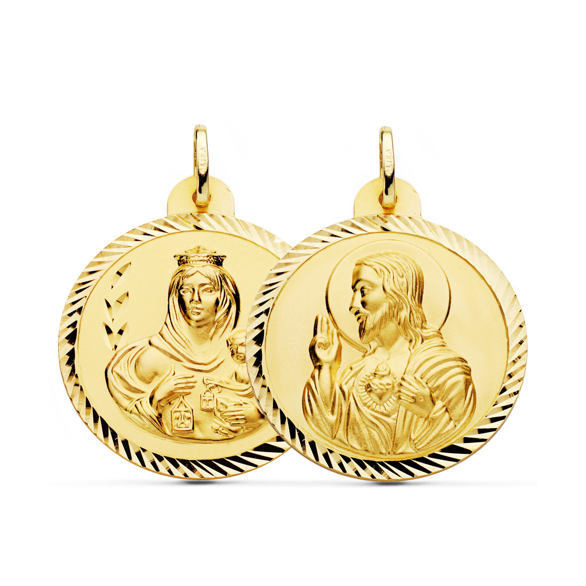 18K ESCAPULARIO ORO AMARILLO HELICE VIRGEN CARMEN Y CORAZON DE JESUS 30 MM