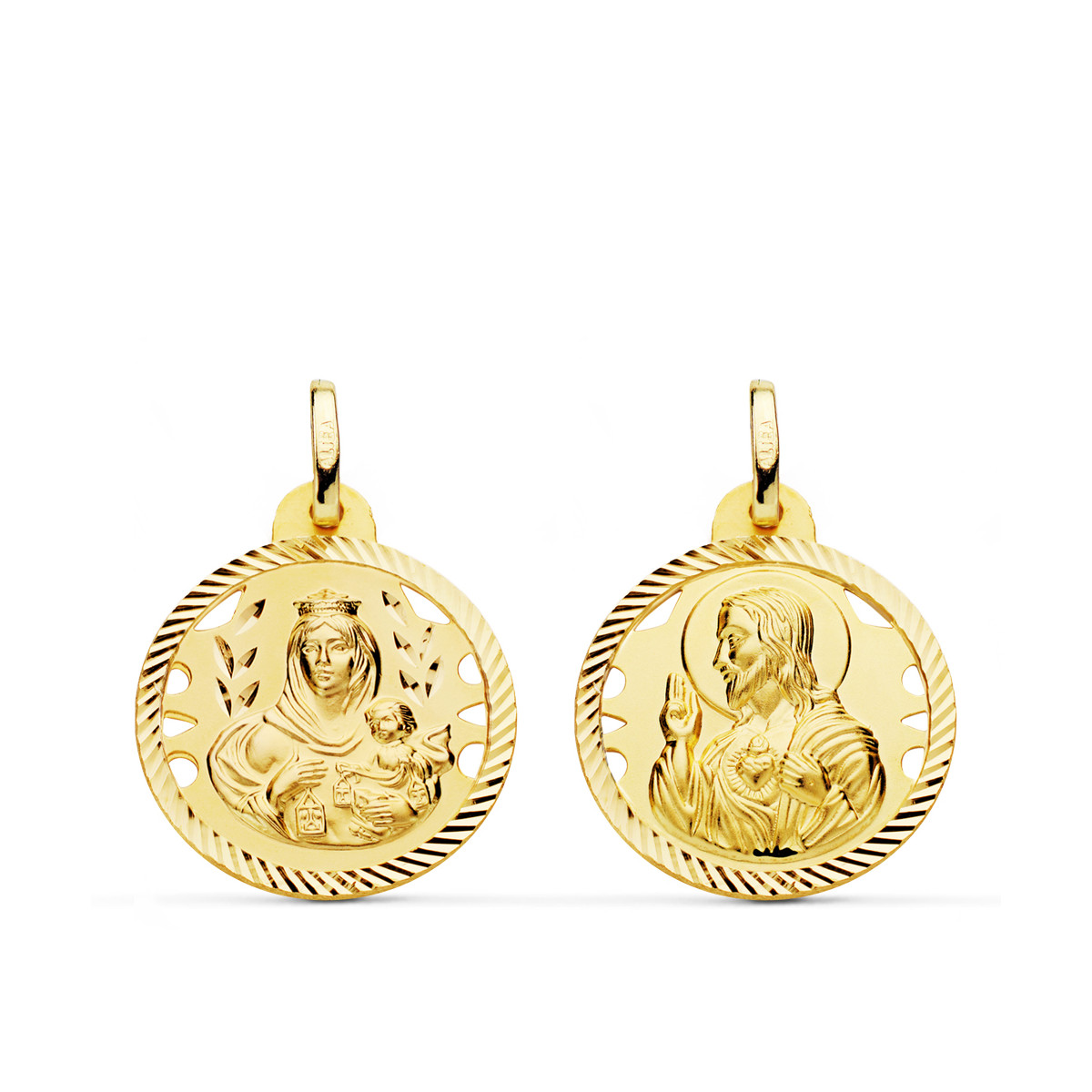 18K ESCAPULARIO ORO AMARILLO HELICE CALADO VIRGEN CARMEN Y CORAZON DE 20 MM