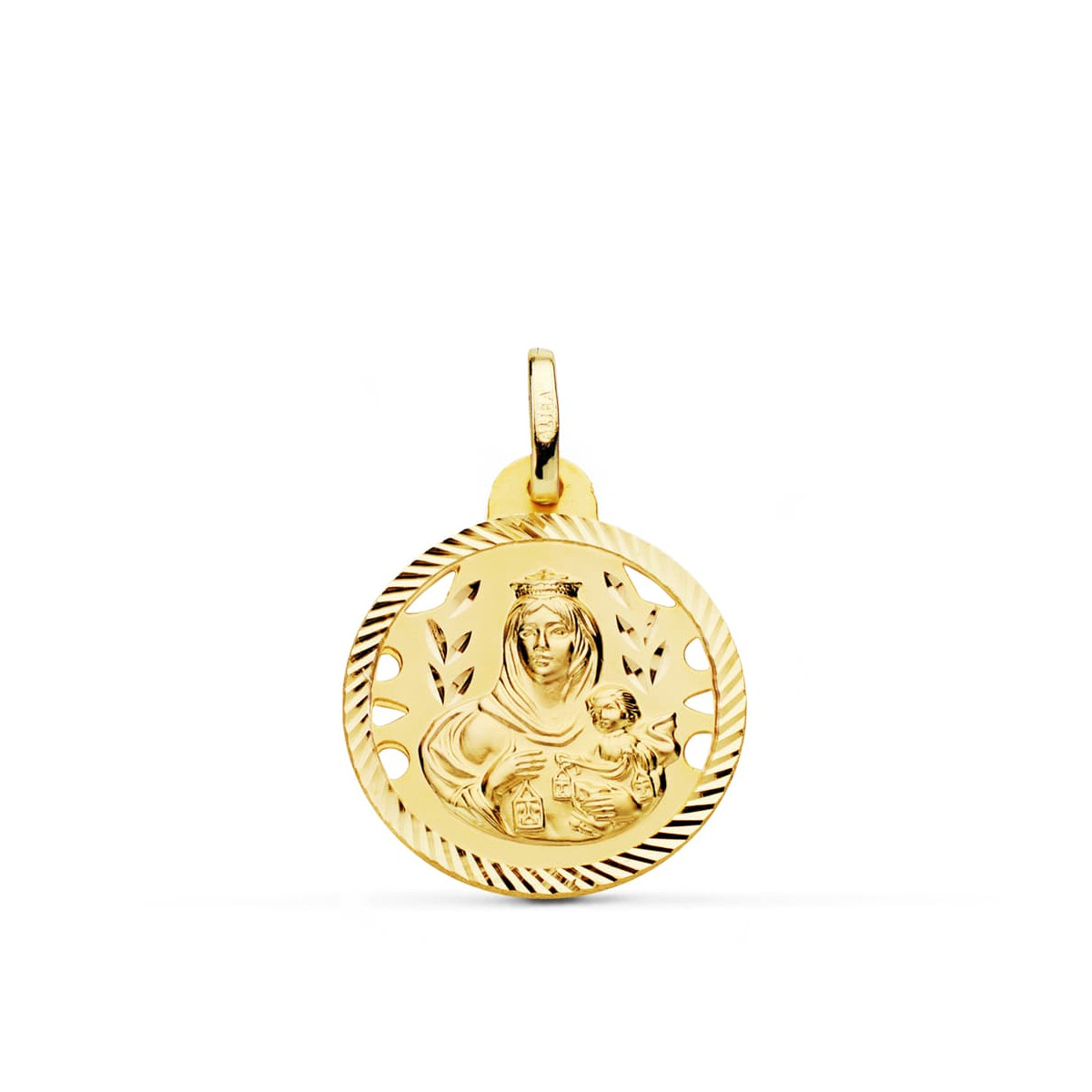 18K ESCAPULARIO ORO AMARILLO HELICE CALADO VIRGEN CARMEN Y CORAZON DE 20 MM