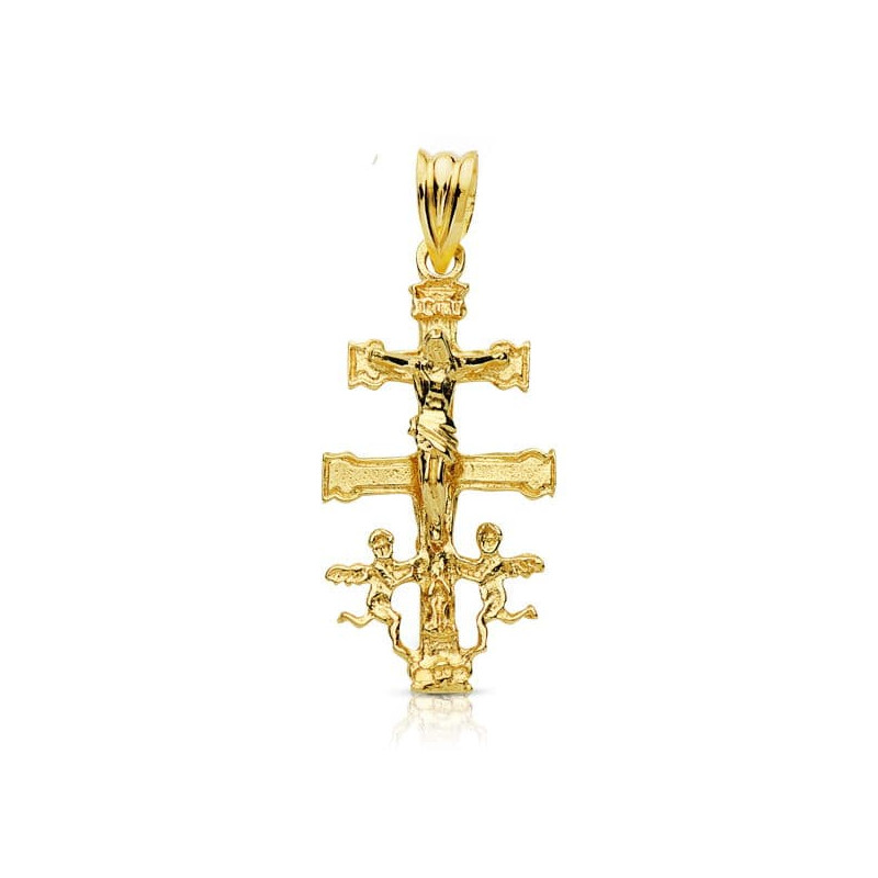9K CRUZ ORO AMARILLO CARAVACA CON CRISTO. MEDIDA: 28 X 14 MM
