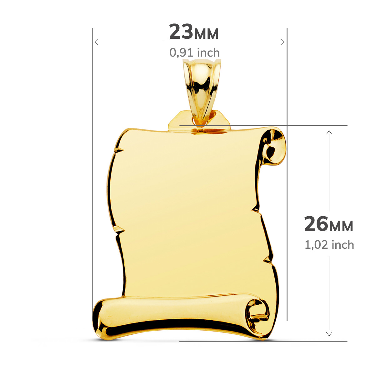 18K PLACA CHAPA ORO AMARILLO COLGANTE PERGAMINO LISO 26X23 MM
