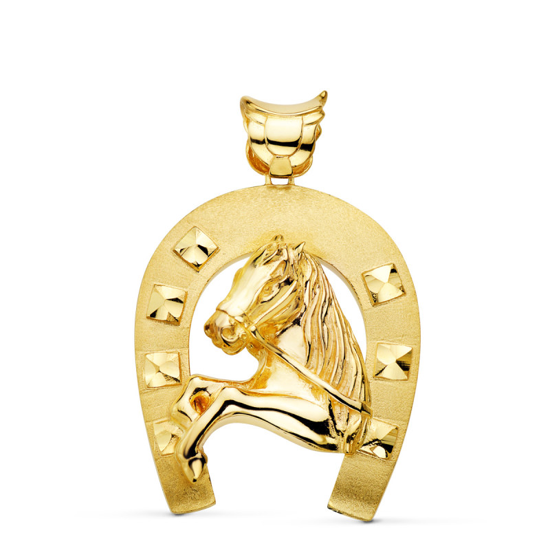 18K COLGANTE ORO AMARILLO HERRADURA CON CABALLO 48X40 MM