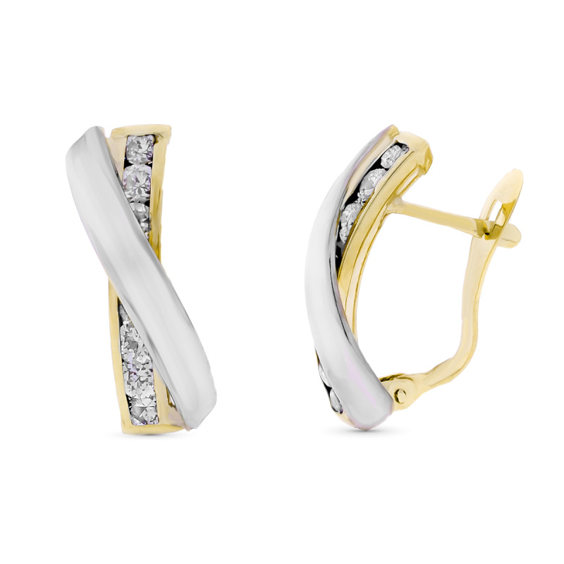 9K PENDIENTES ORO BICOLOR BANDAS CRUZADA CIRCONITA 18X8 MM CATALAN