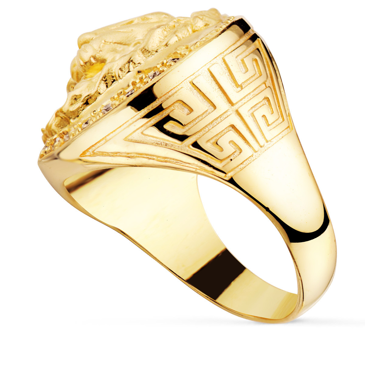 18K SELLO ORO AMARILLO LEON CON CIRCONITA LATERAL GRECA ANCHO 19 MM