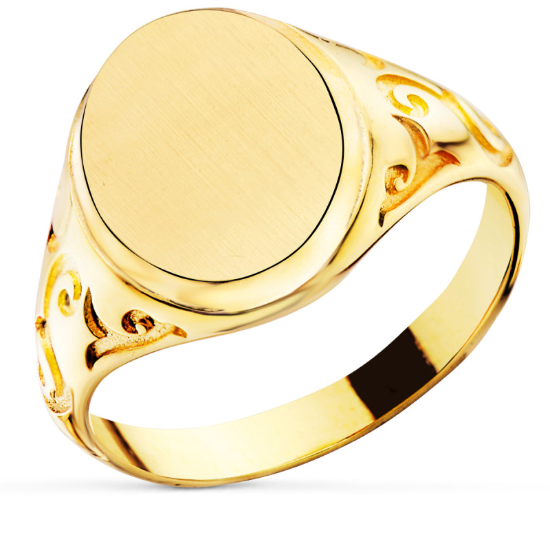 18K SELLO ORO AMARILLO CABALLERO MACIZO ZONA GRABADO REDONDO 14X11MM