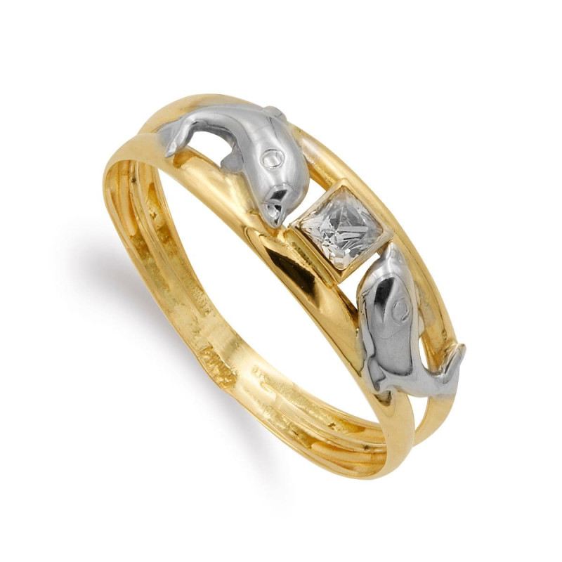 18K SORTIJA ORO BICOLOR DOBLE CUERPO CON DELFINES Y CRICONITAS. ANCHO: 6 MM