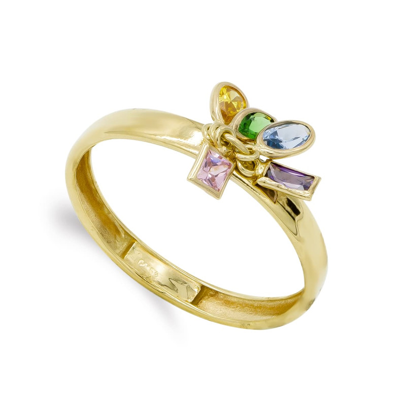 18K SORTIJA ORO AMARILLO CINCO PIEDRAS DE COLORES. ANCHO 3 MM