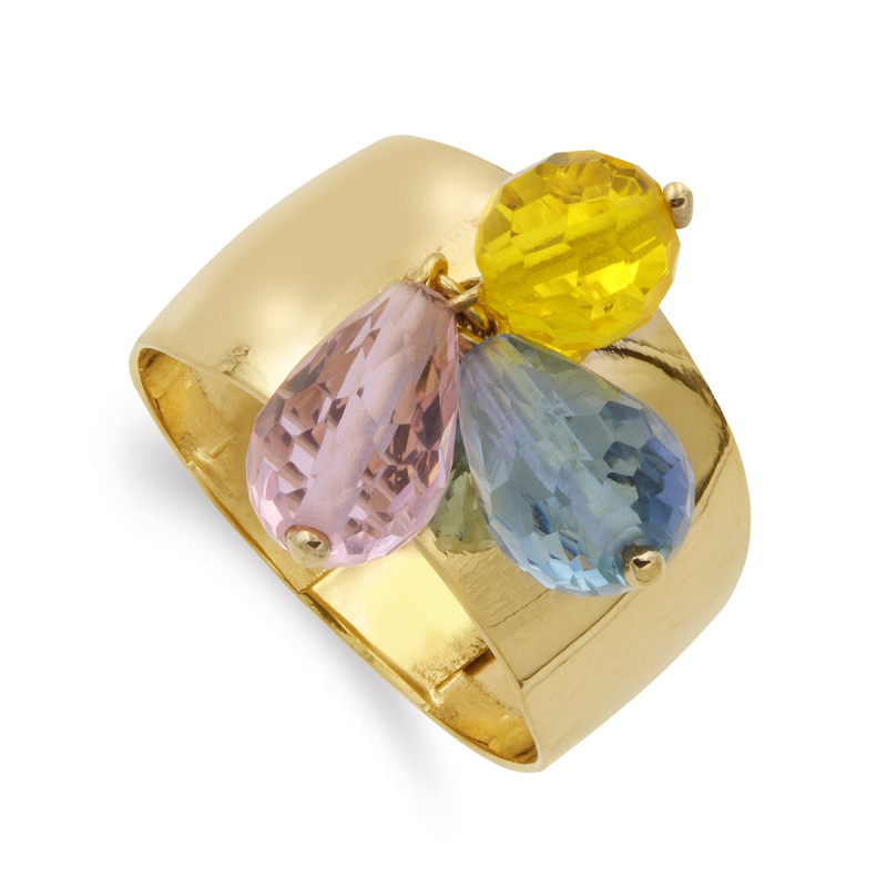 18K SORTIJA ORO AMARILLO TRES PIEDRAS DE COLORRES. ANCHO 11 MM