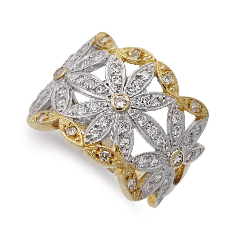 18K SORTIJA ORO BICOLOR MOTIVOS FLORES CON CIRCONITAS. ANCHO: 16,5 MM