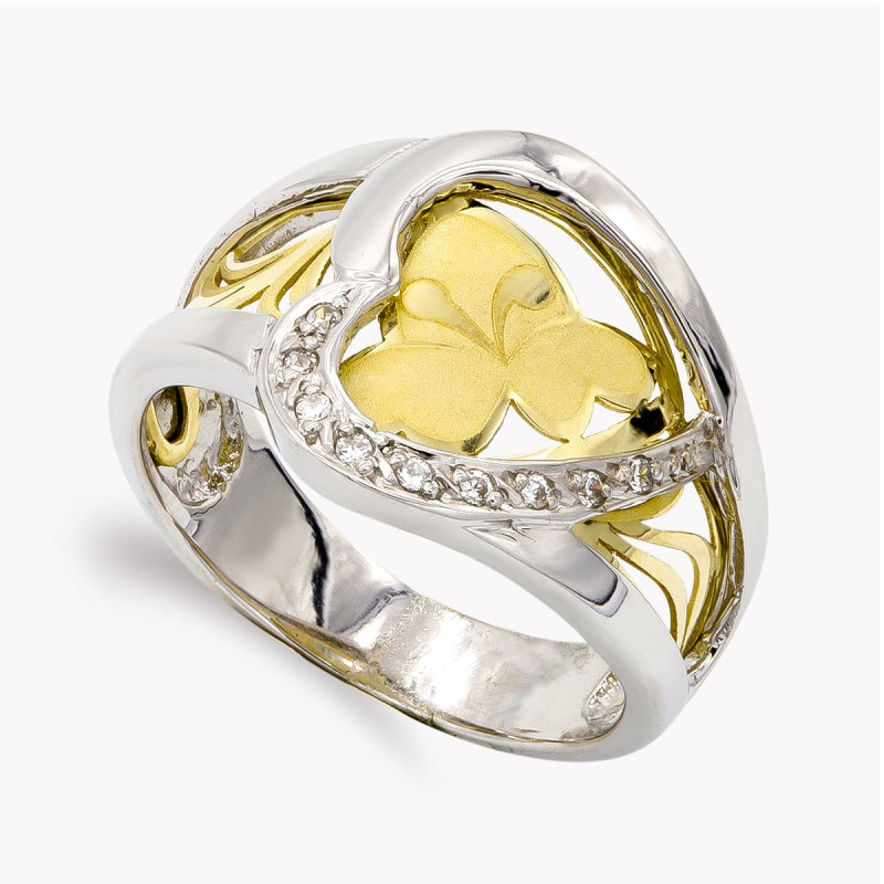 18K SORTIJA BICOLOR CORAZON MARIPOSA Y CIRCONITAS. ANCHO: 14,5 MM