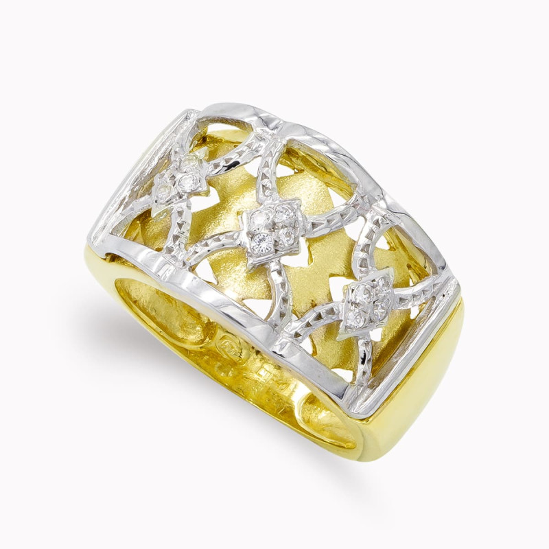 18K SORTIJA ORO BICOLOR CALADA CON CIRCONITAS. ANCHO: 13 MM