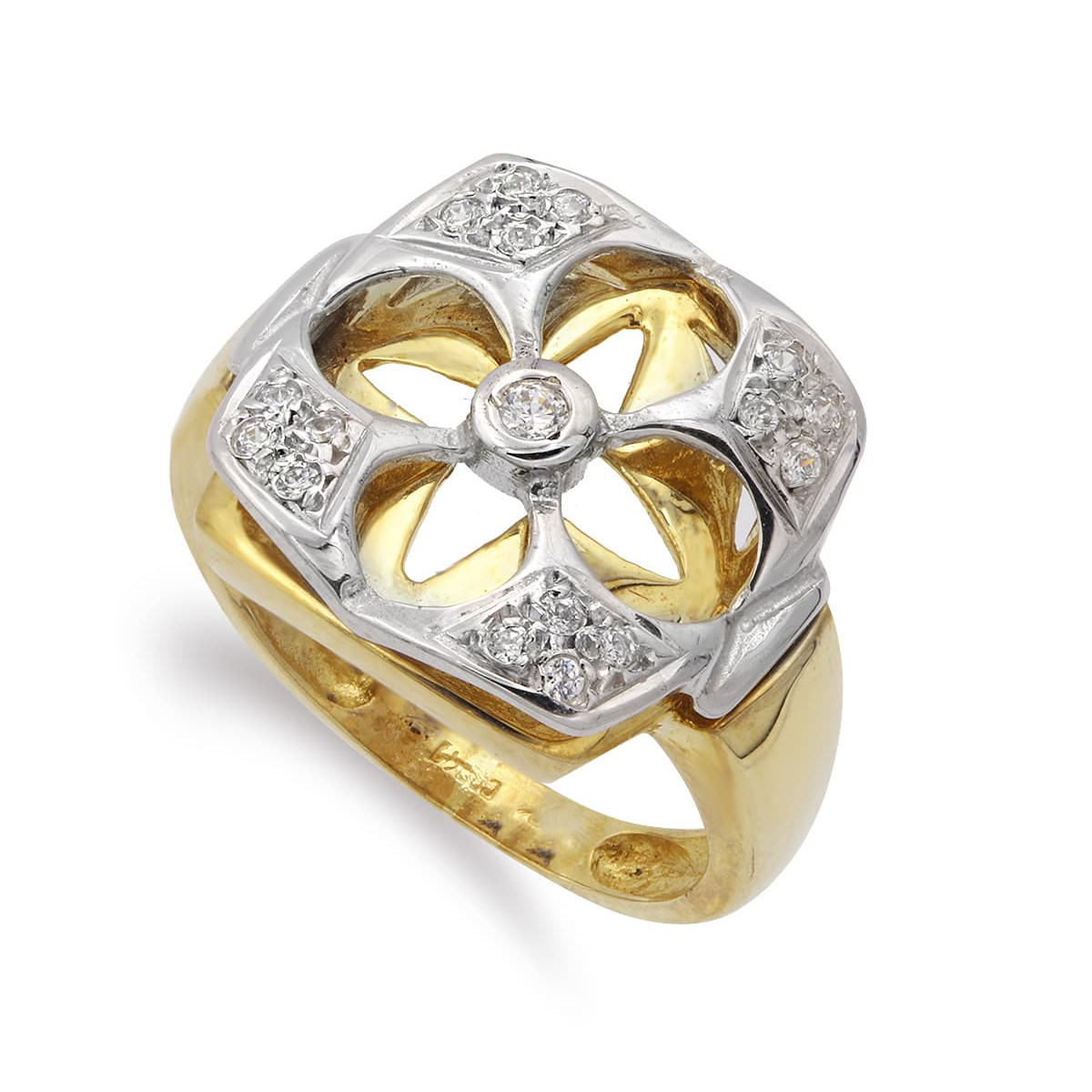 18K SORTIJA ORO BICOLOR FLOR CALADA CON CIRCONITAS. ANCHO: 16 MM