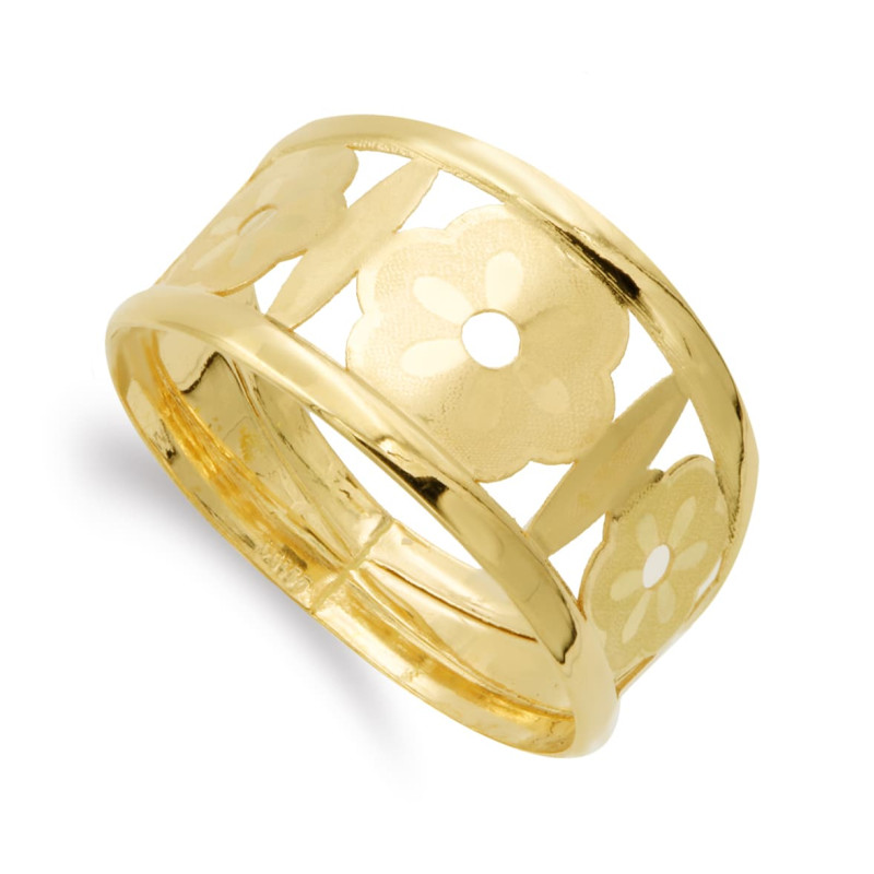 18K SORTIJA ORO AMARILLO FLORES CALADA MATE Y BRILLO. ANCHO: 16 MM