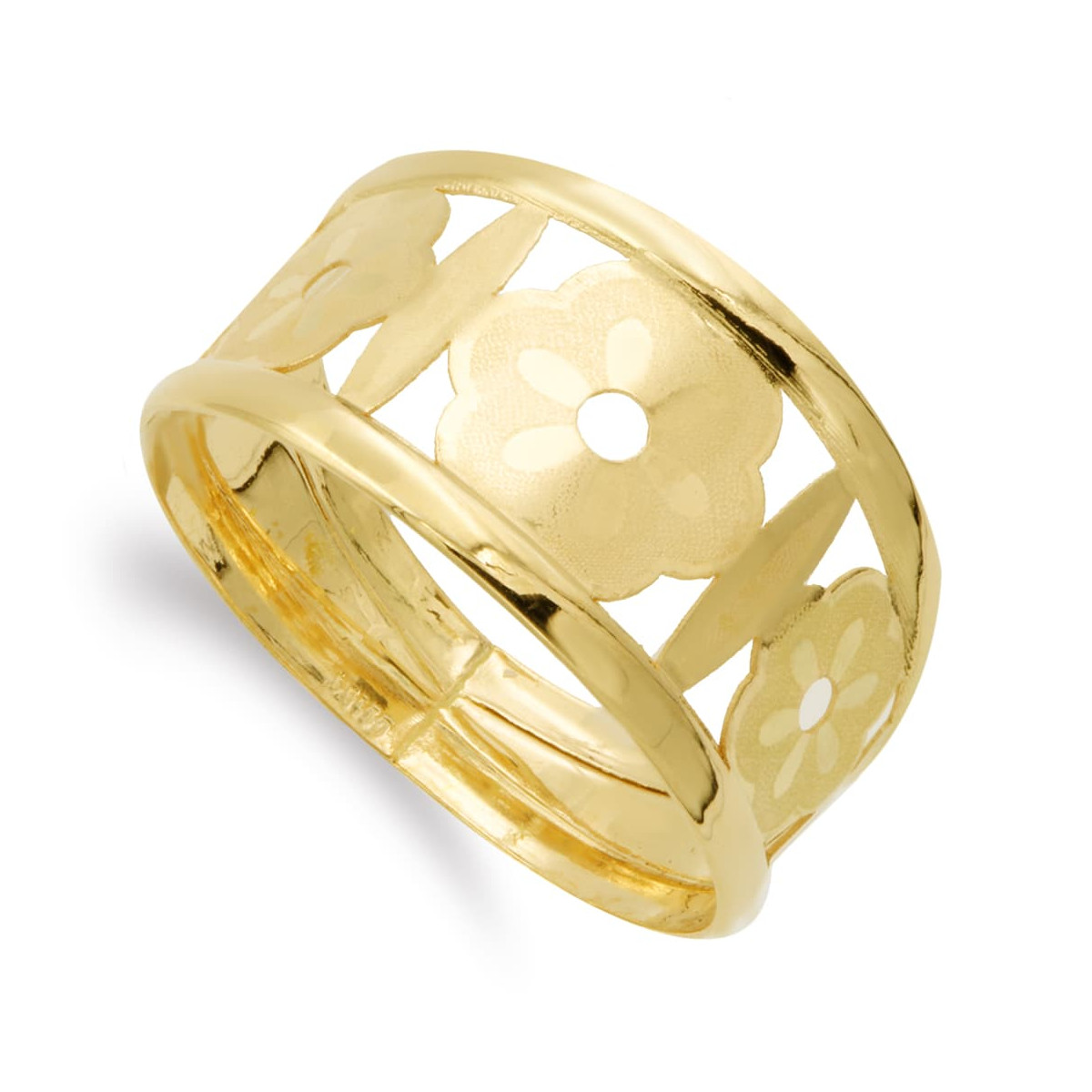 18K SORTIJA ORO AMARILLO FLORES CALADA MATE Y BRILLO. ANCHO: 16 MM